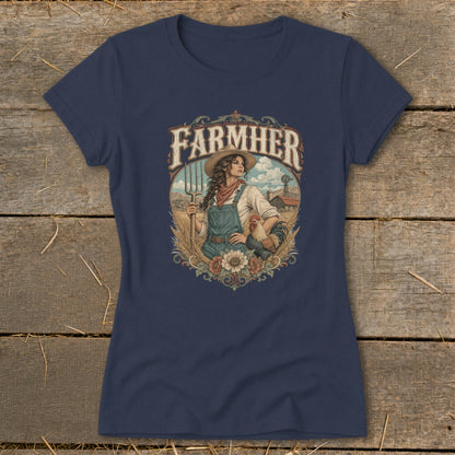 Navy t-shirt with "FARMHER" text and illustration of a female farmer with pitchfork.