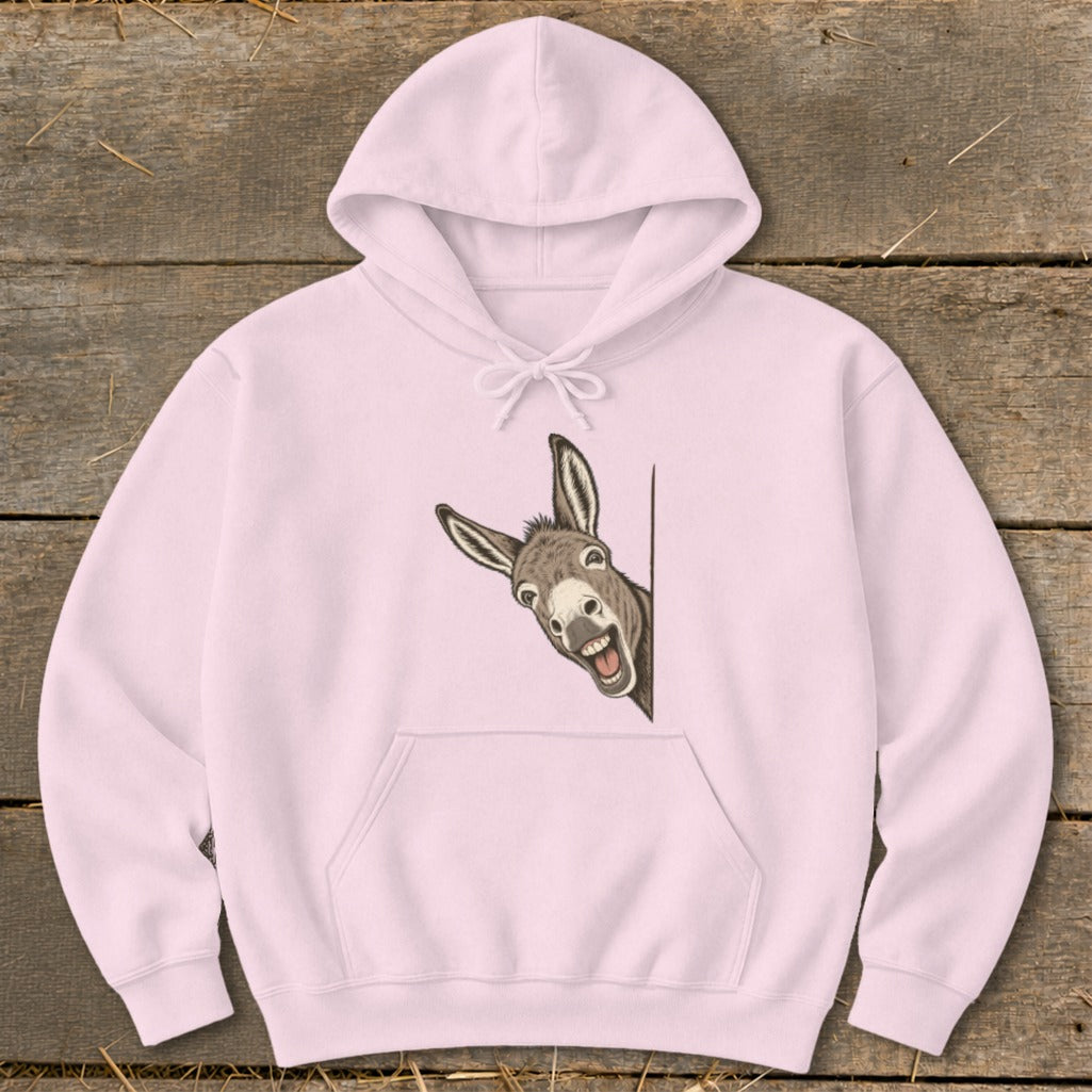 Pink hoodie with a graphic of a happy donkey peeking from the side.