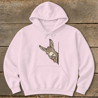 Pink hoodie with a graphic of a happy donkey peeking from the side.