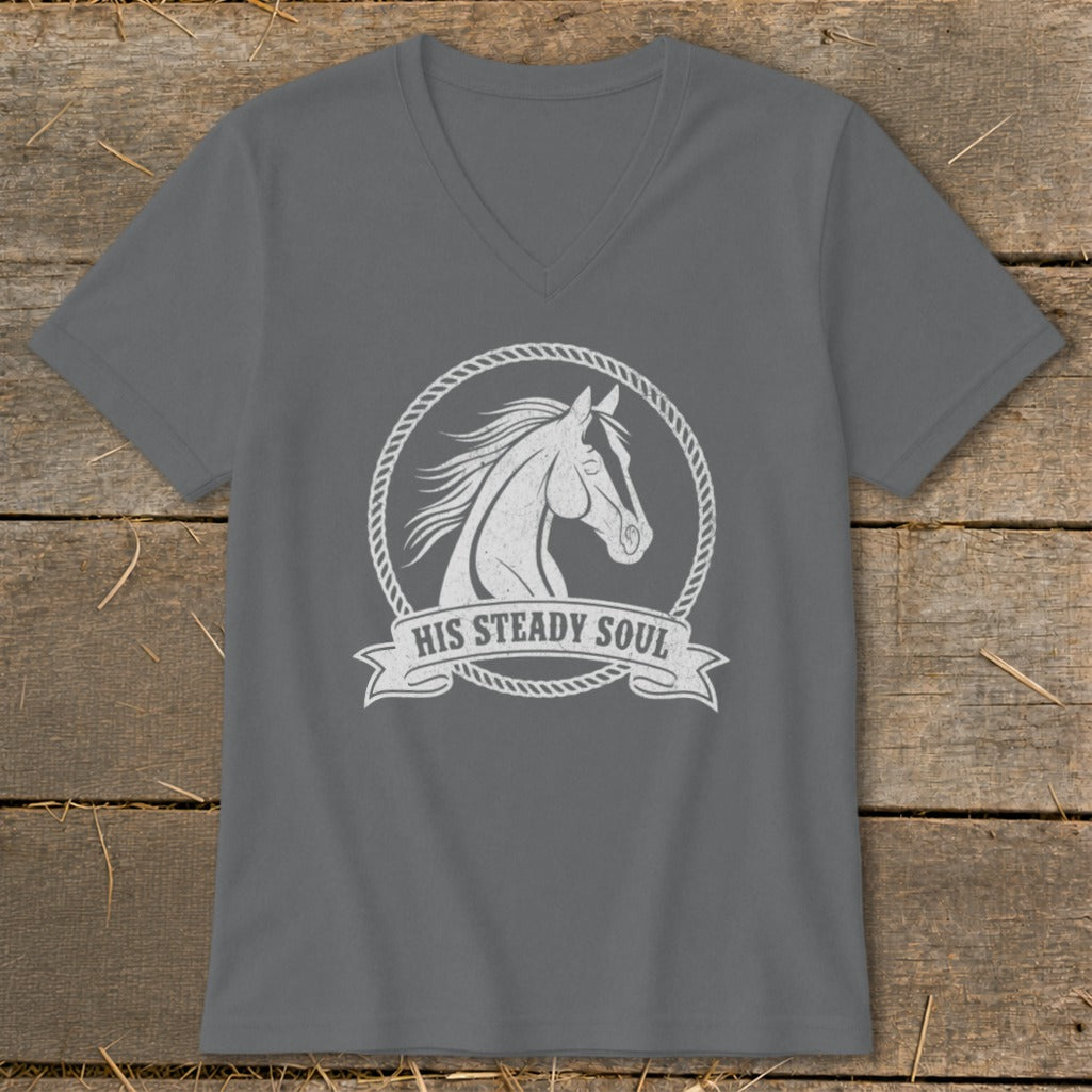 Gray v-neck t-shirt with white graphic of a horse head inside a rope circle and text "HIS STEADY SOUL."