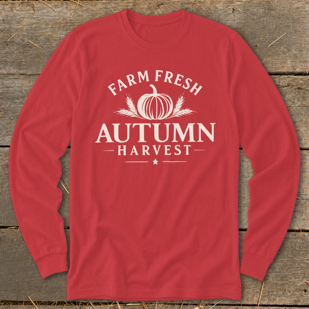Red long-sleeve shirt with "Farm Fresh Autumn Harvest" and pumpkin graphic.