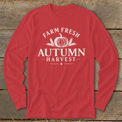Red long-sleeve shirt with "Farm Fresh Autumn Harvest" and pumpkin graphic.