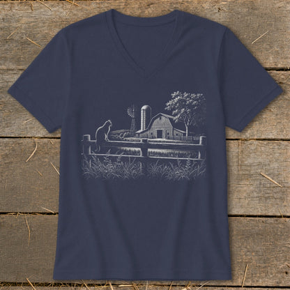 Dark blue t-shirt with white farm scene graphic: cat on fence, barn, windmill, tree.