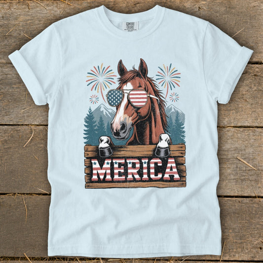 Horse wearing American flag sunglasses and "MERICA" sign with fireworks background.