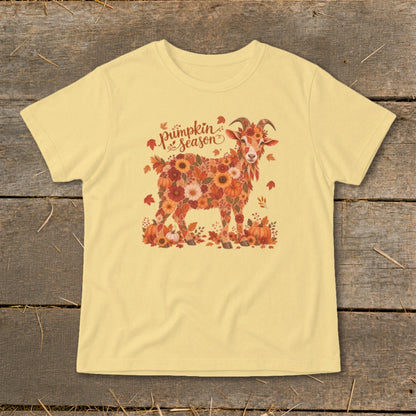 Light yellow t-shirt with a floral goat and "pumpkin season" text.