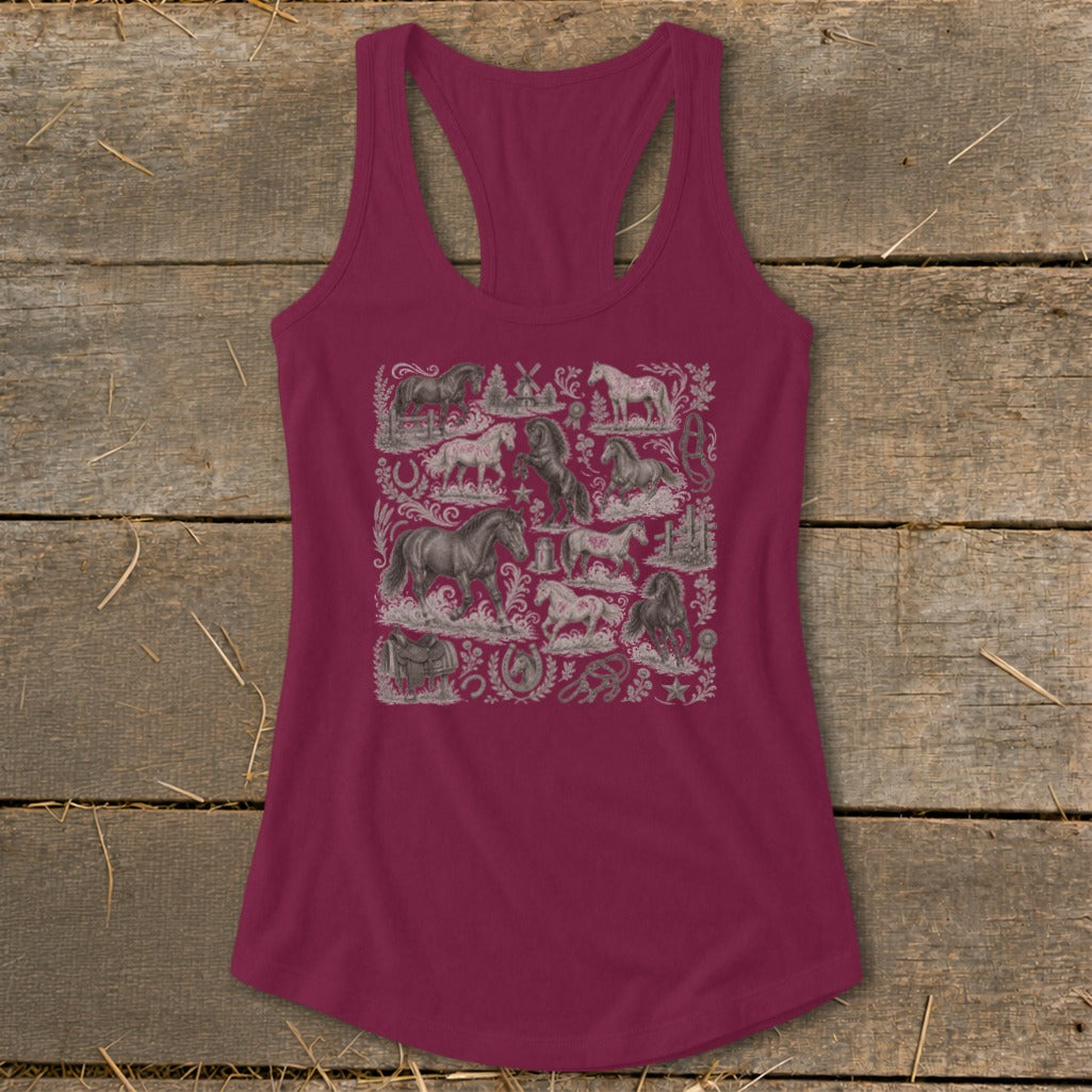 Maroon tank top with all-over horse and Western-themed graphic print.