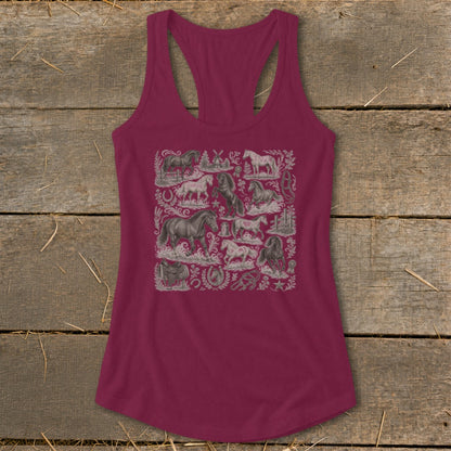 Maroon tank top with all-over horse and Western-themed graphic print.