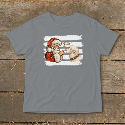 Santa boops a sheep with the word "Boop" above them on a t-shirt.