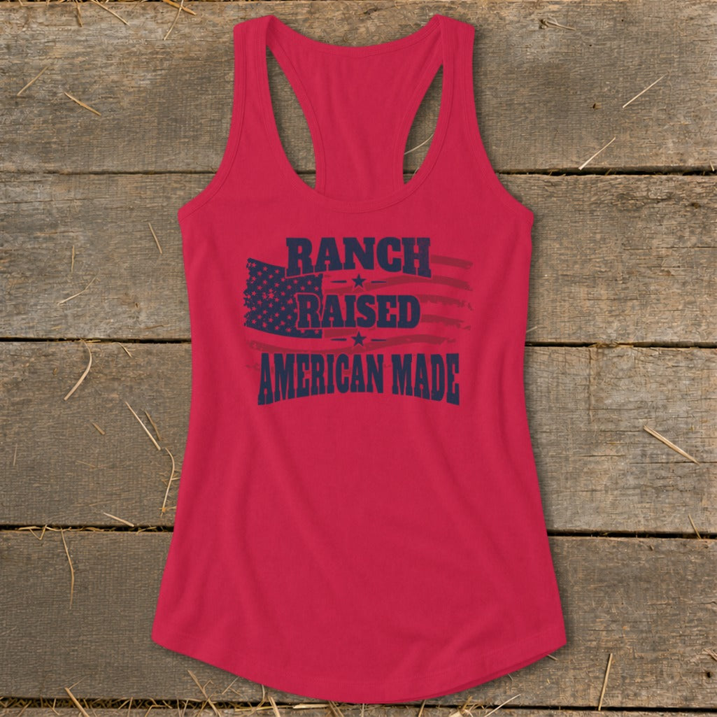 Red tank top with navy blue text "Ranch Raised American Made" and flag design.