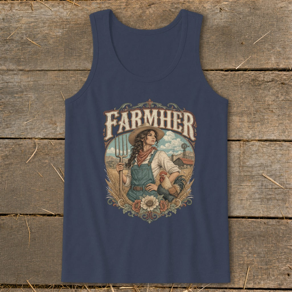 "FarmHer" graphic on a navy tank top featuring a woman with a pitchfork and rooster.
