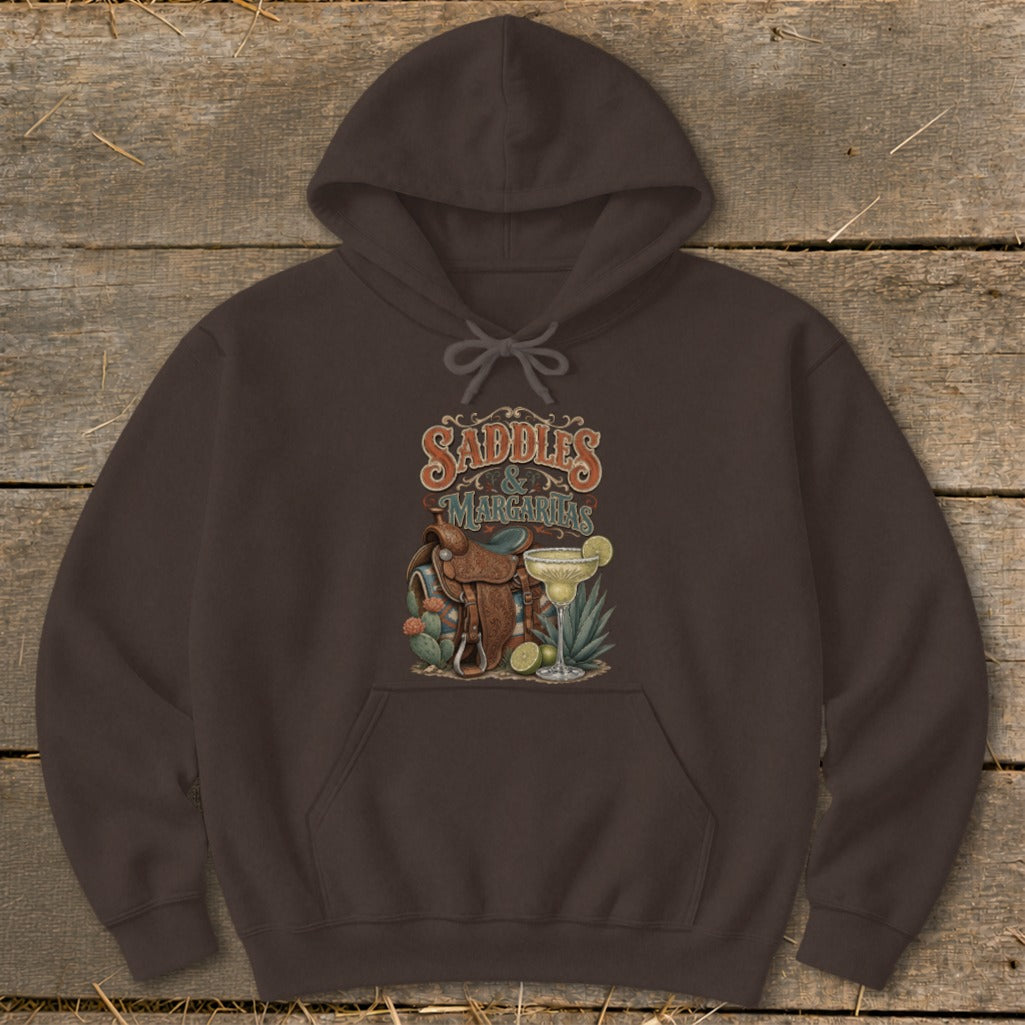 Brown hoodie with "Saddles & Margaritas" graphic featuring a saddle and margarita.