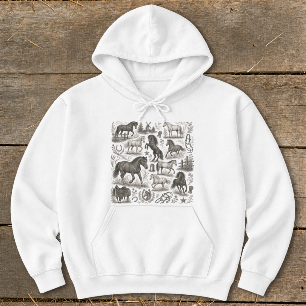 White hoodie with a collage of horse illustrations and equestrian elements.