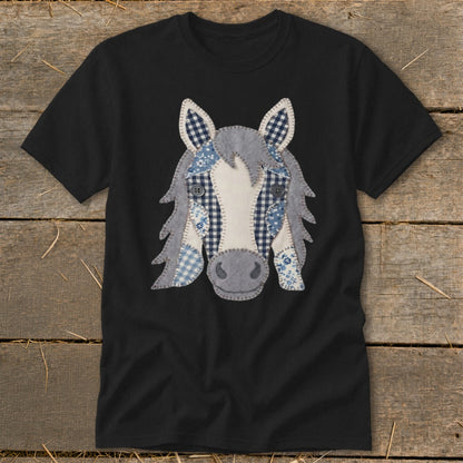Black t-shirt with a patchwork horse face applique and button eyes.