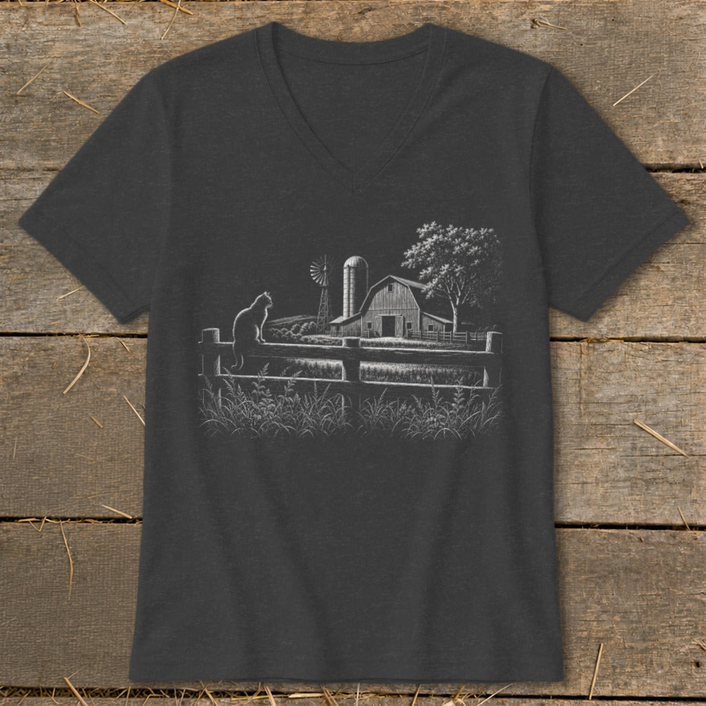 Charcoal t-shirt with a white line drawing of a cat on a fence, barn, windmill, and tree.
