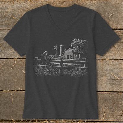 Charcoal t-shirt with a white line drawing of a cat on a fence, barn, windmill, and tree.