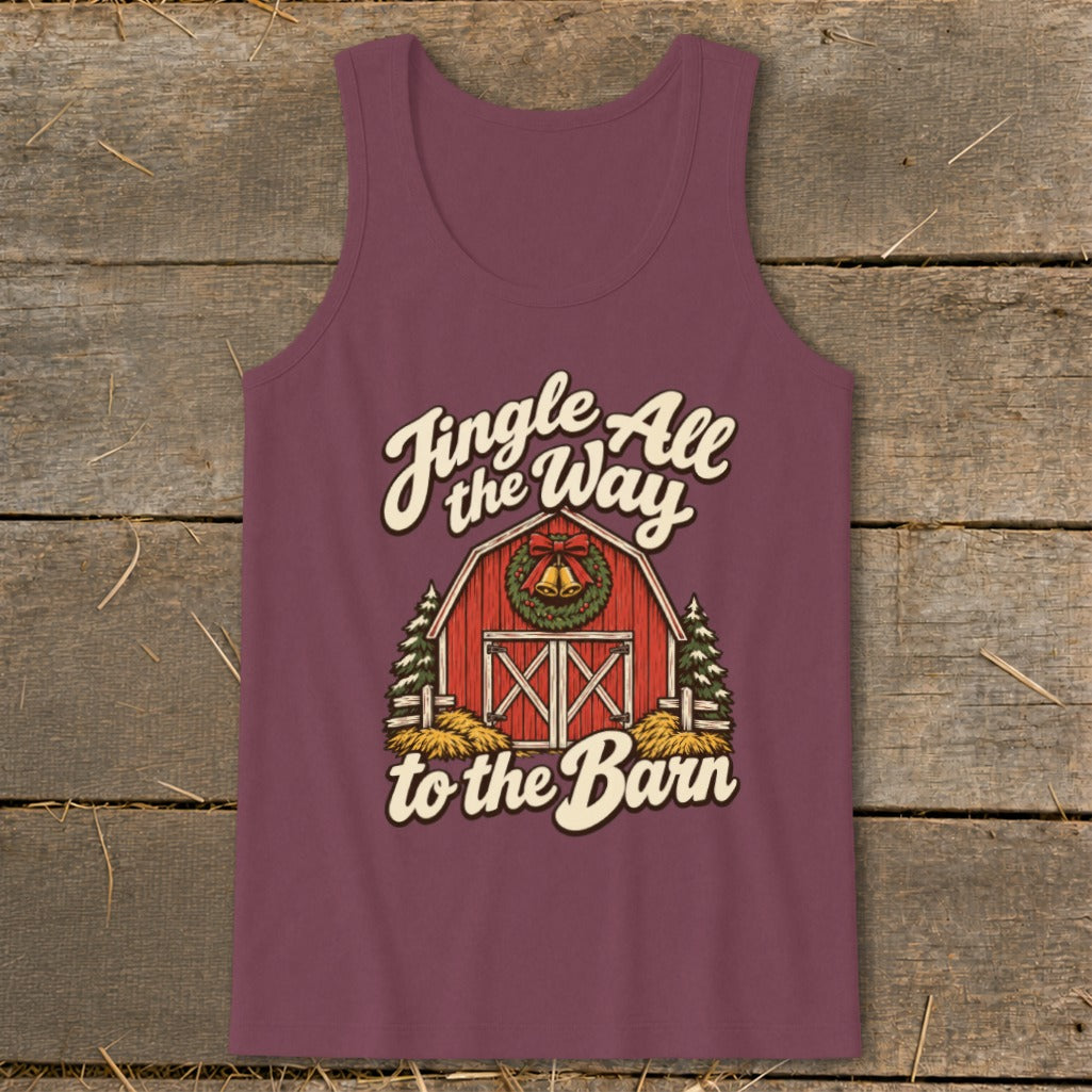 Maroon tank top with "Jingle All the Way to the Barn" graphic featuring a red barn.