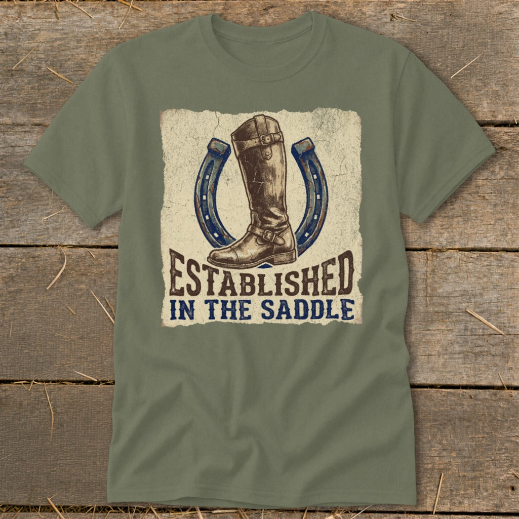 Equestrian boot and horseshoes graphic with text "ESTABLISHED IN THE SADDLE".