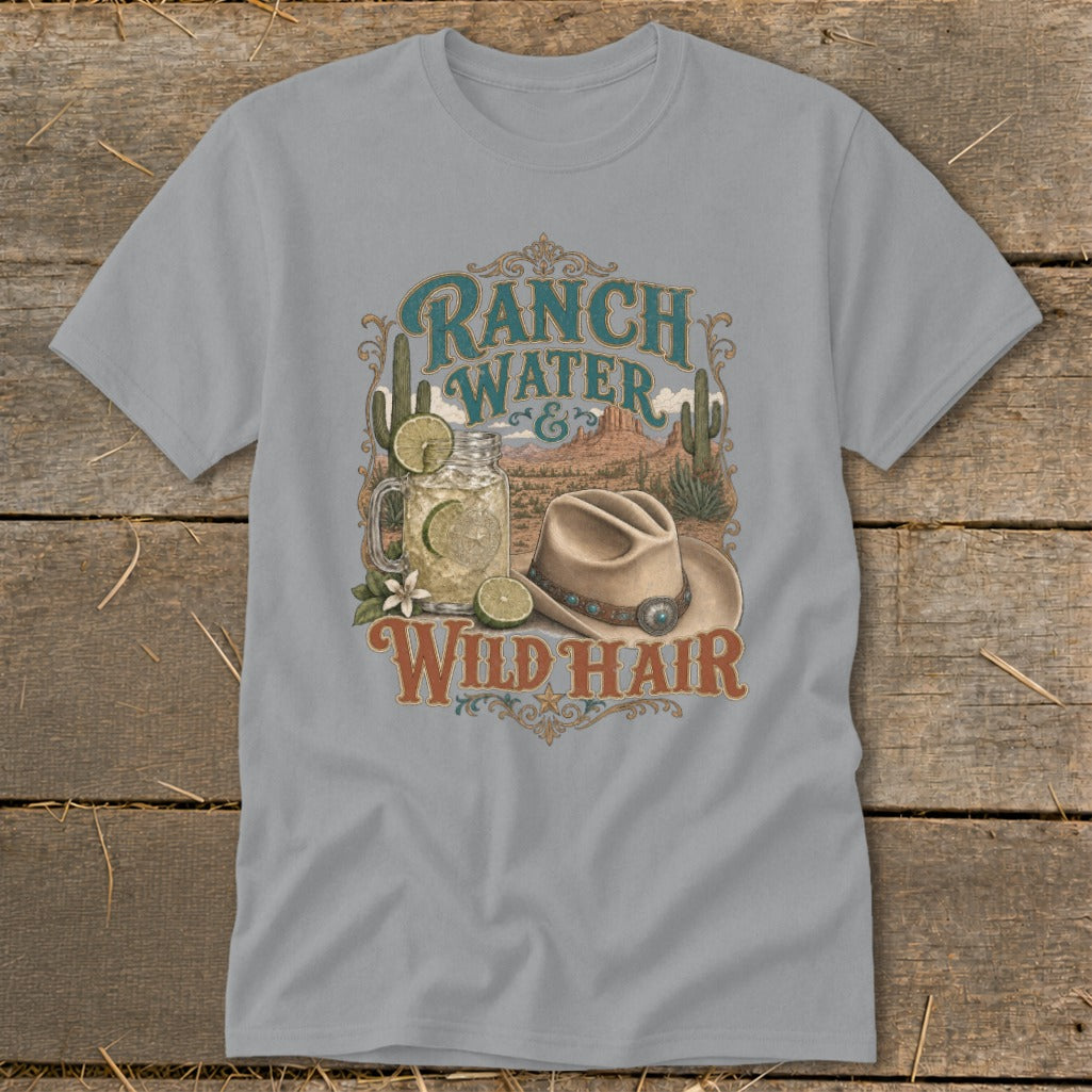 Ranch Water Wild Hair graphic with drink, cowboy hat, and desert landscape.