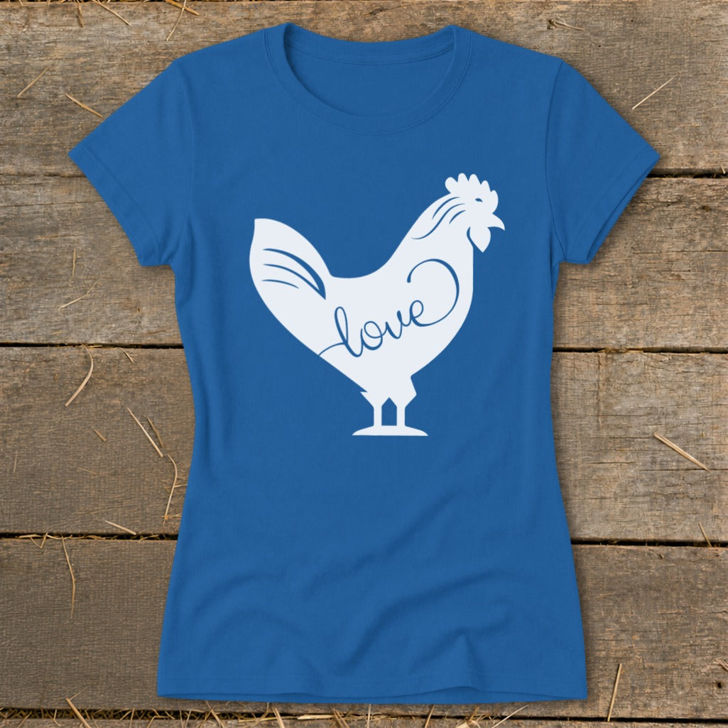 Blue t-shirt with white chicken silhouette and the word "love" on its body.