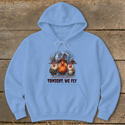 Light blue hoodie with three Halloween witches' hats-wearing chickens and the text "TONIGHT, WE FLY".