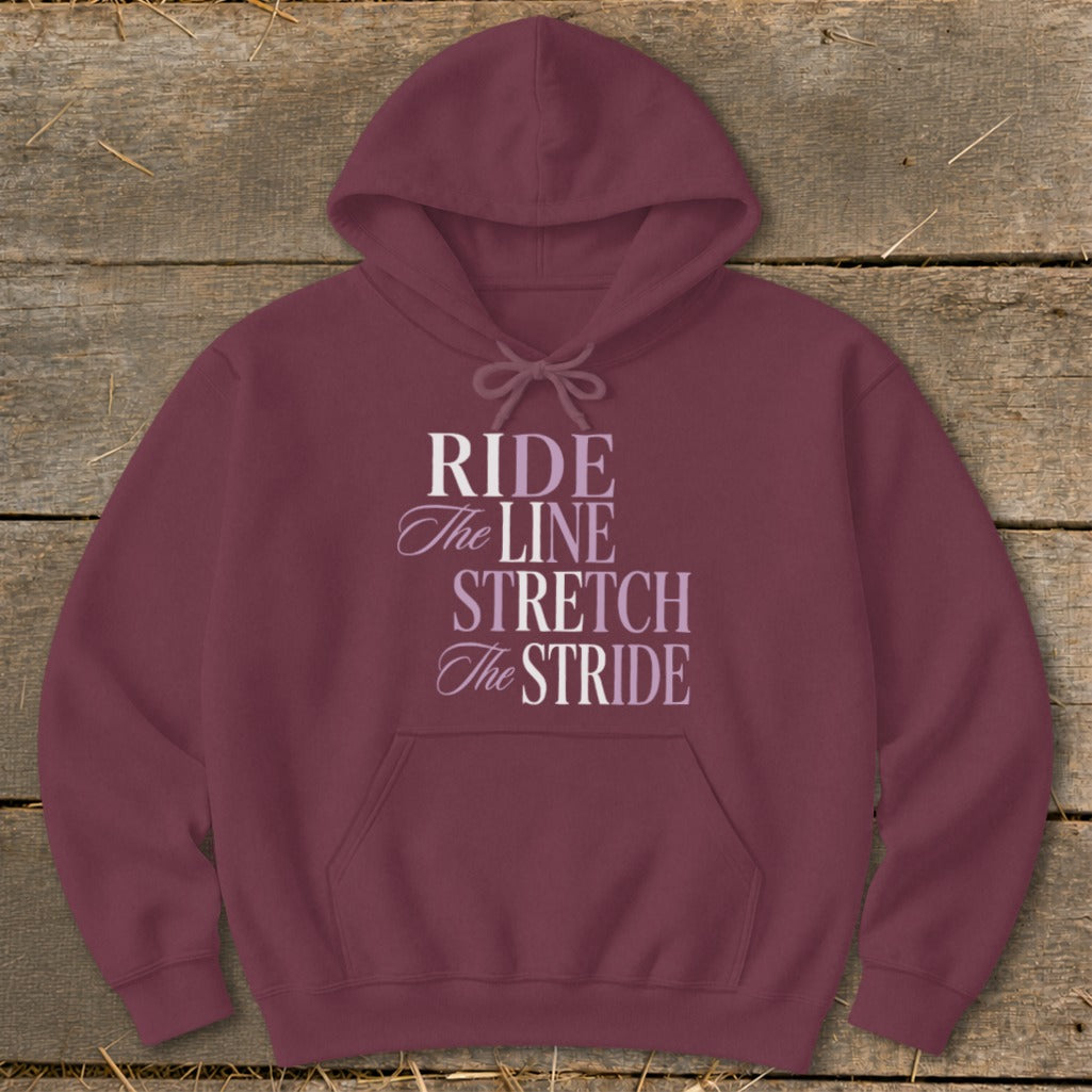 Maroon hoodie with "RIDE The LINE STRETCH The STRIDE" text in gradient purple.