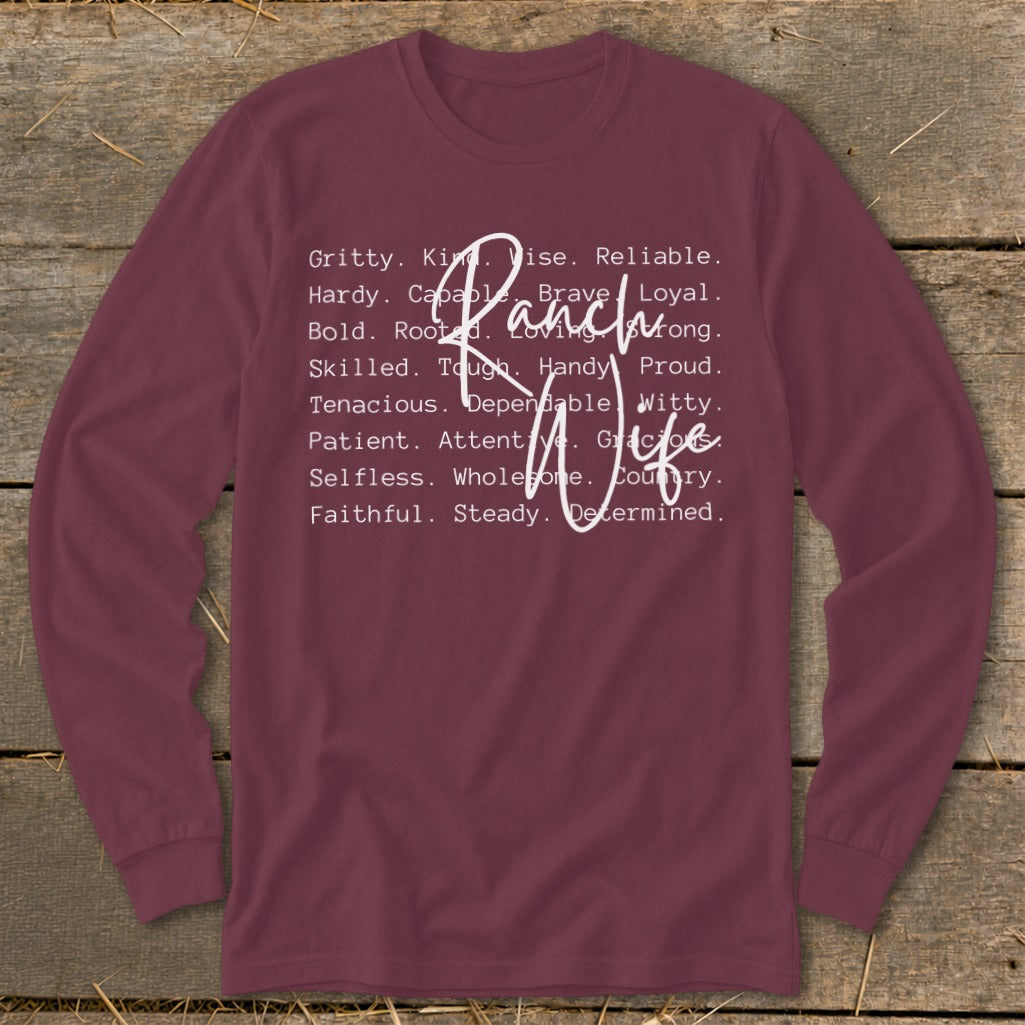Burgundy long-sleeve shirt with "Ranch Wife" and descriptive words.