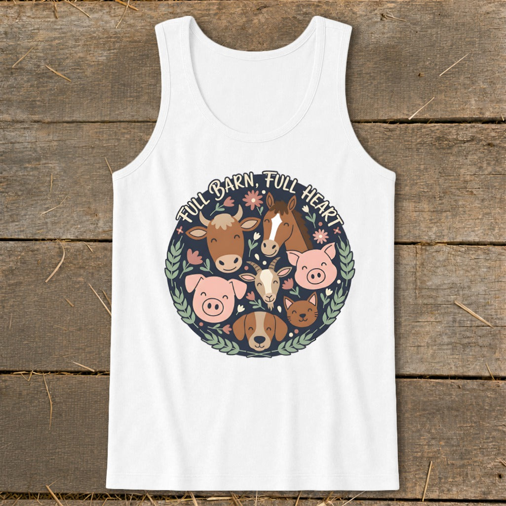 White tank top with circular farm animal illustration and text "Full Barn, Full Heart".