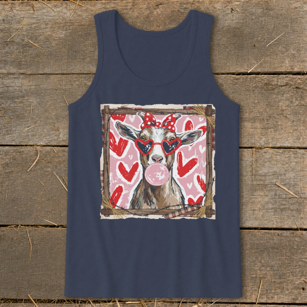 Goat with heart sunglasses and red bow blowing bubble gum, surrounded by hearts.