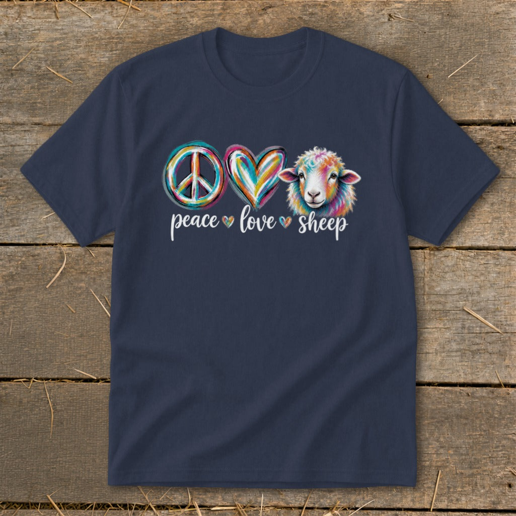 Navy t-shirt with colorful peace, love, and sheep graphic and text.
