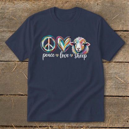Navy t-shirt with colorful peace, love, and sheep graphic and text.