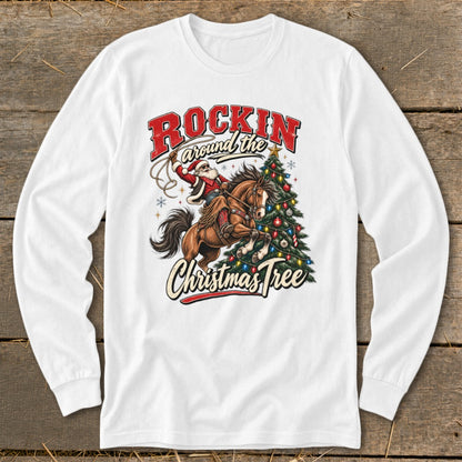 Santa rides a horse lassoing a Christmas tree with text "Rockin' around the Christmas Tree".