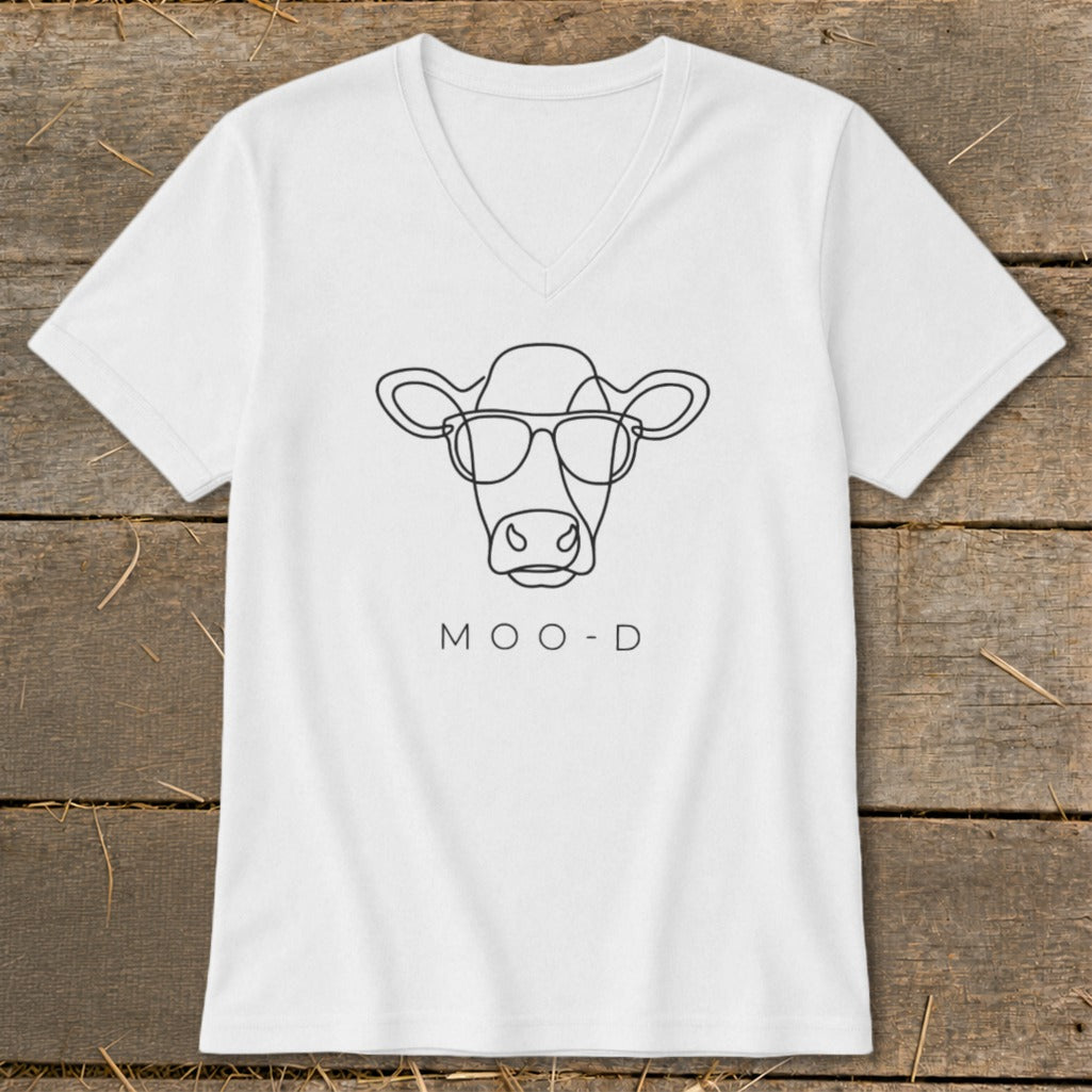 White t-shirt with a minimalist line drawing of a cow wearing glasses and the text "MOO-D".