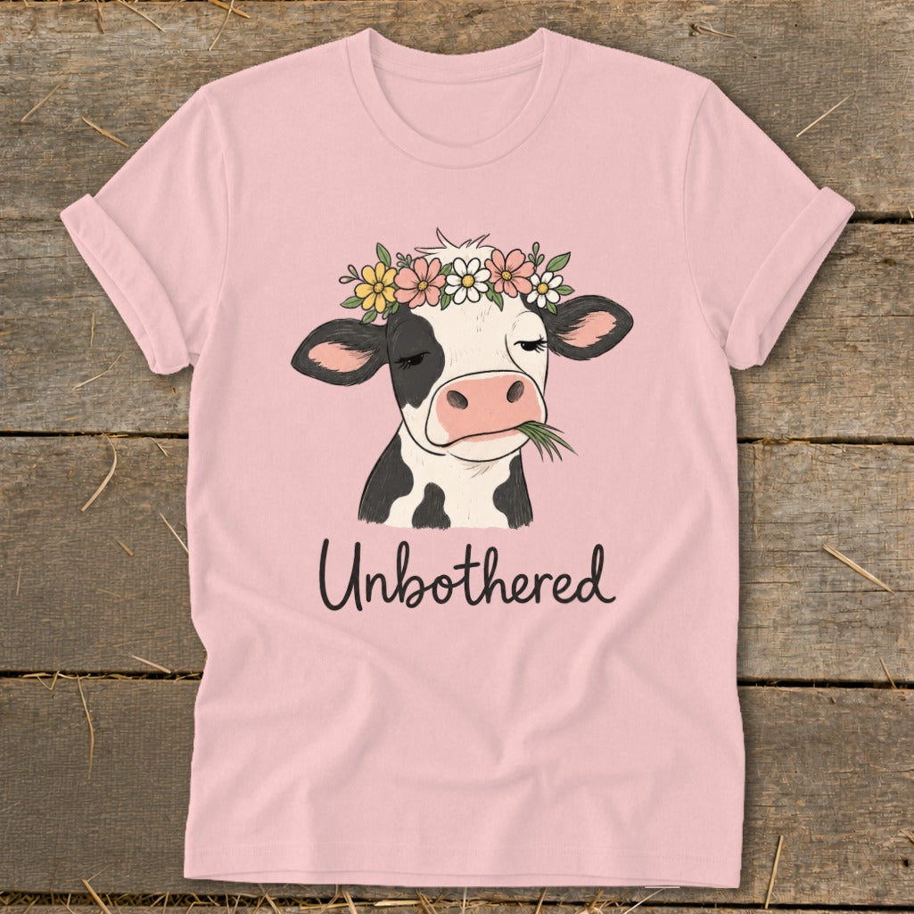 Pink t-shirt with black and white cow wearing a flower crown and eating grass, text "Unbothered".