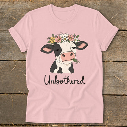 Pink t-shirt with black and white cow wearing a flower crown and eating grass, text "Unbothered".
