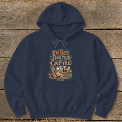 Navy hoodie with "Dust Boots & Cattle" graphic featuring boots, bull, and desert scene.