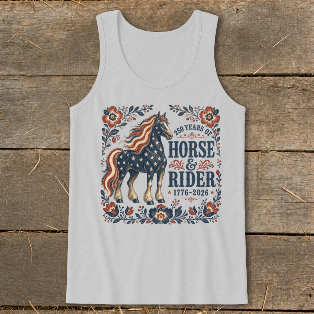 Horse and Rider 250 Years 1776-2026 graphic on a light gray tank top.