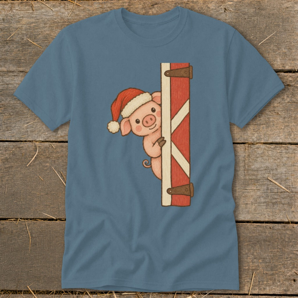 Cartoon pig wearing Santa hat peeking around a red barn door.