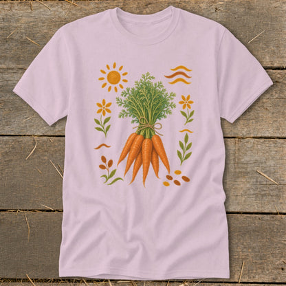 Pink t-shirt with illustration of bound carrots, sun, and foliage.