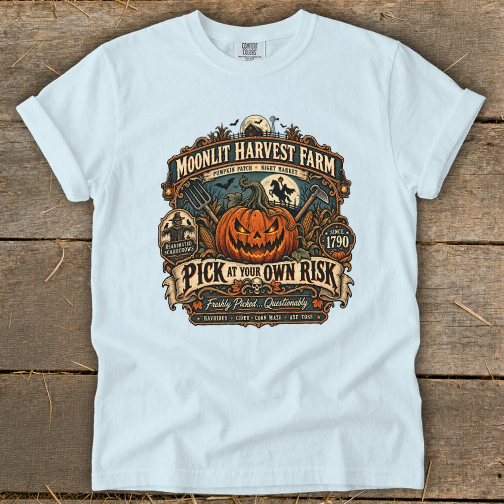 Moonlit Harvest Farm graphic with jack-o'-lantern and "Pick at Your Own Risk".