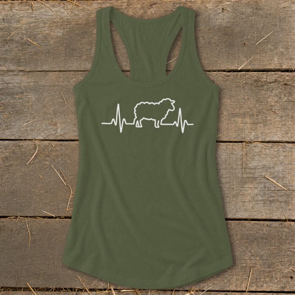 Olive green racerback tank top featuring a white heartbeat line graphic with a sheep silhouette.