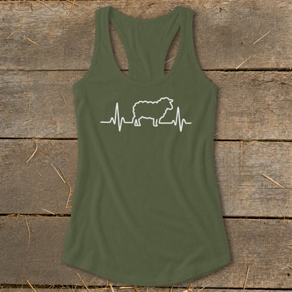 Olive green racerback tank top featuring a white heartbeat line graphic with a sheep silhouette.