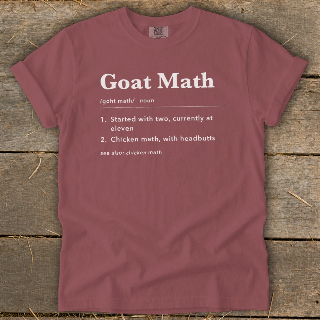 Maroon t-shirt with "Goat Math" definition printed in white text.