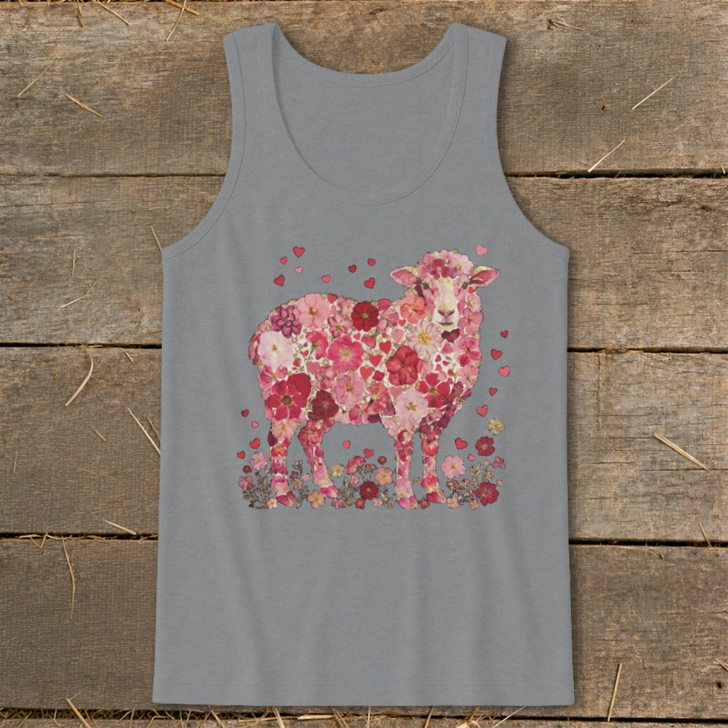 Gray tank top with a sheep composed of pink flowers and hearts.