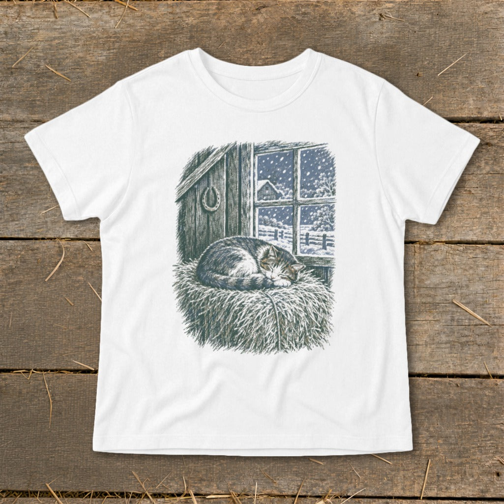Illustration of a cat sleeping on hay inside a barn with a snowy window scene.