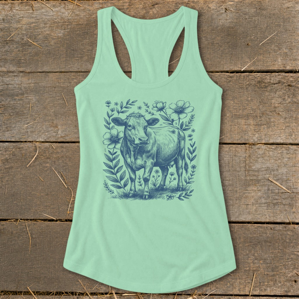 Mint green tank top with blue sketch of a cow surrounded by flowers and leaves.