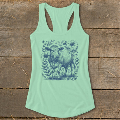Mint green tank top with blue sketch of a cow surrounded by flowers and leaves.