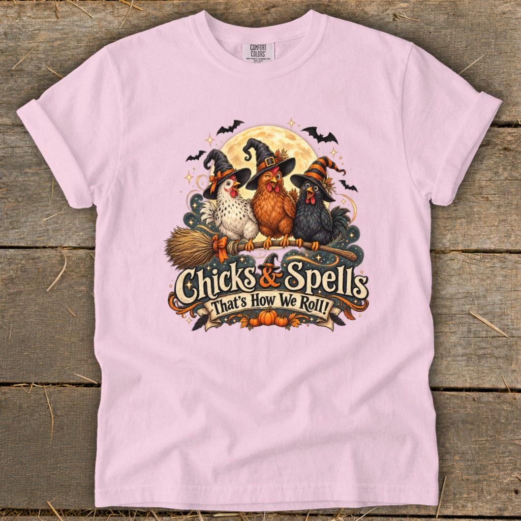 Three witch chickens on a broom with text "Chicks & Spells That's How We Roll!".