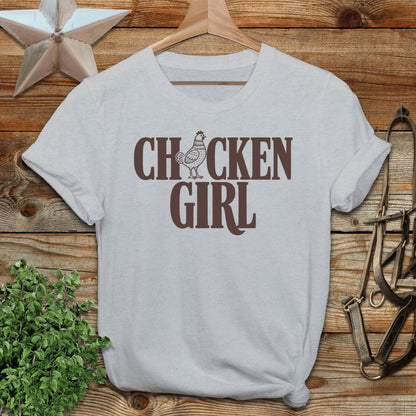 Light grey t-shirt with "CHICKEN GIRL" text and a chicken graphic.