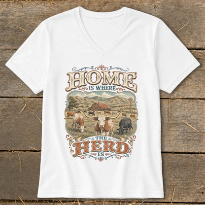 White v-neck t-shirt with "Home Is Where The Herd Is" text and farm scene.