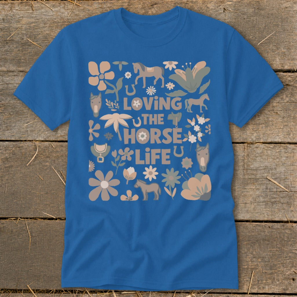Blue t-shirt with "Loving the Horse Life" text and horse-themed floral graphics.